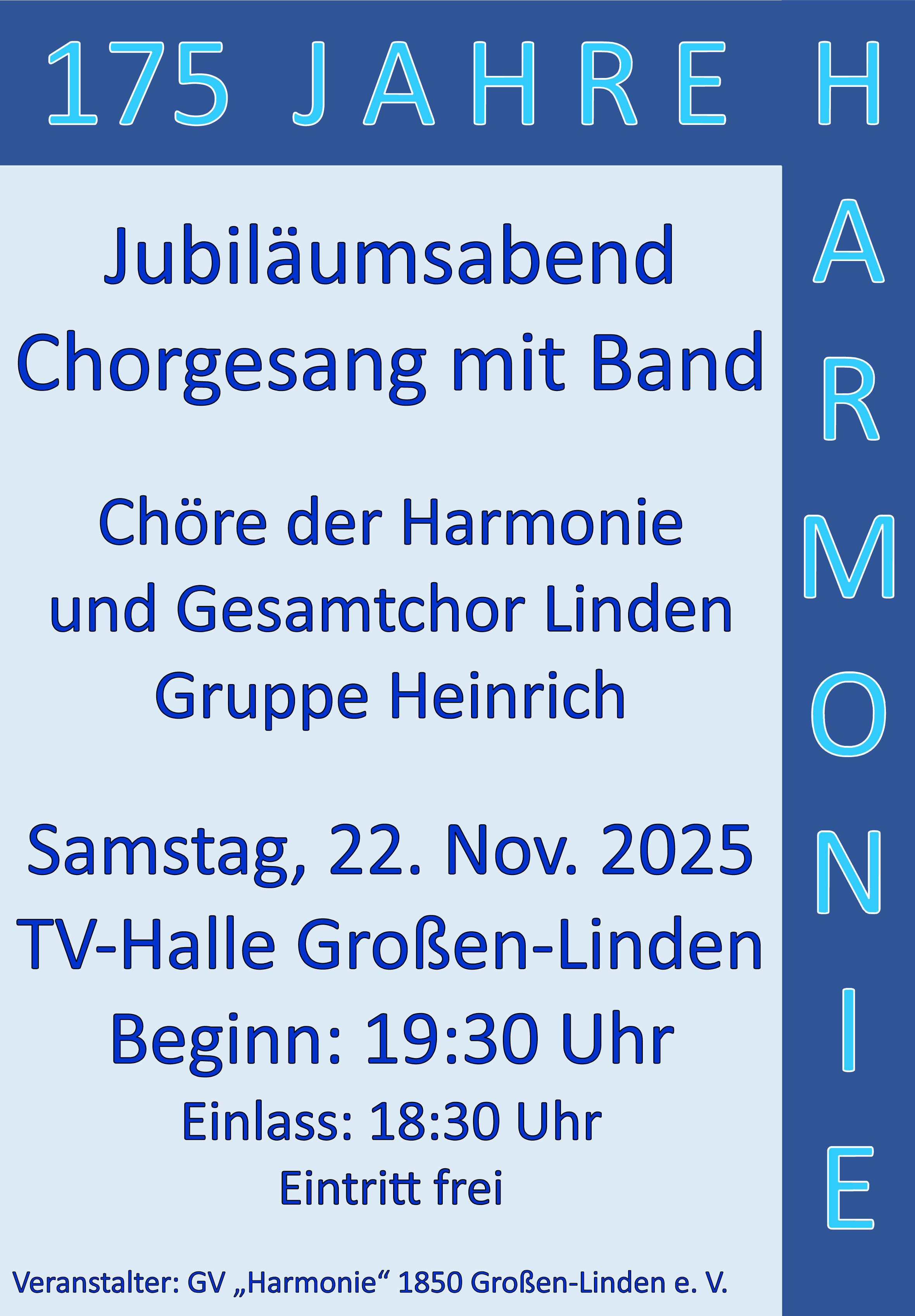 Plakat für das Jubiläumskonzert Chorgesang mit Band am 22.11.2025 in der TV-Halle in Großen-Linden