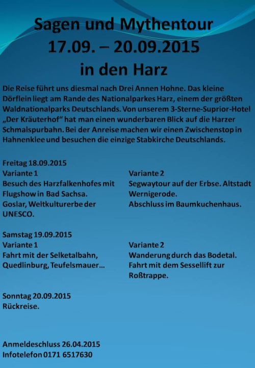 Vorankündigung für die Vereinsfahrt 2015 in den Harz