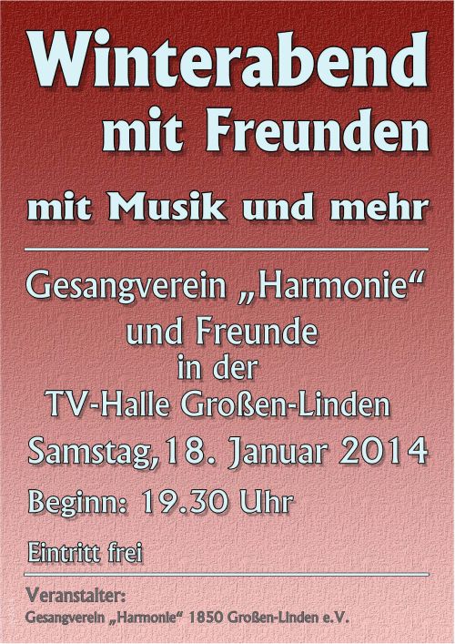 Vorankündigung für den Winterabend mit Freunden am Samstag, 18. Januar 2014 in der TV-Halle in Großen-Linden