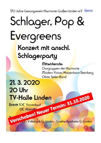 Das Konzert "Schlager, Pop und Evergreens" muss wegen des Ausbruchs des Corona-Virusses auf unbestimmte Zeit verschoben werden.