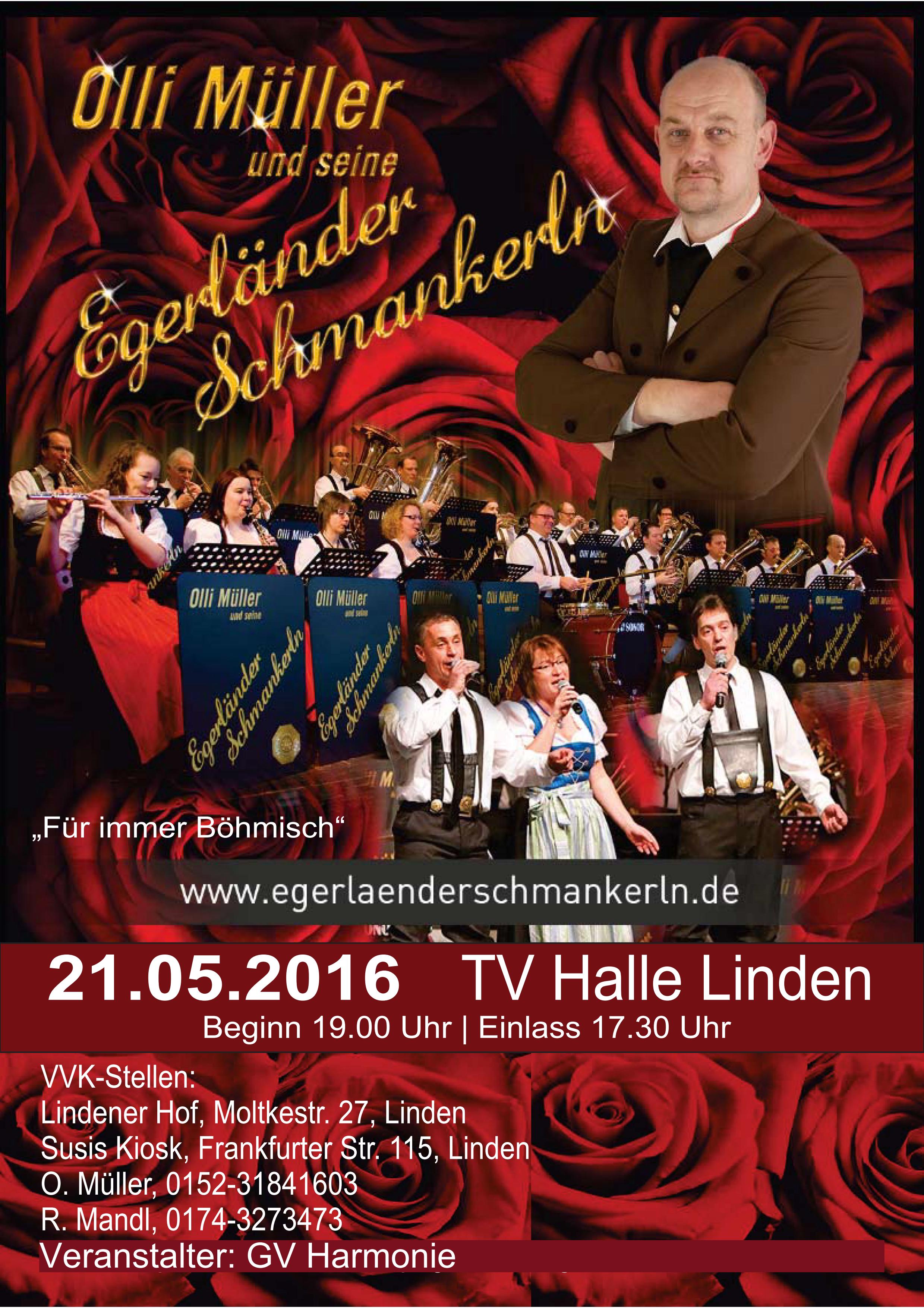 Vorankündigung zu dem Konzert von Olli Müller und seinen Egerländer Schmankerl am 09.05.2016 in der TV-Halle in Linden