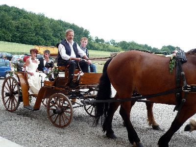 Bild von dem Hochzeitspaar Arndt und Ilse Roswag, die in einer Pferdekutsche vorfahren.