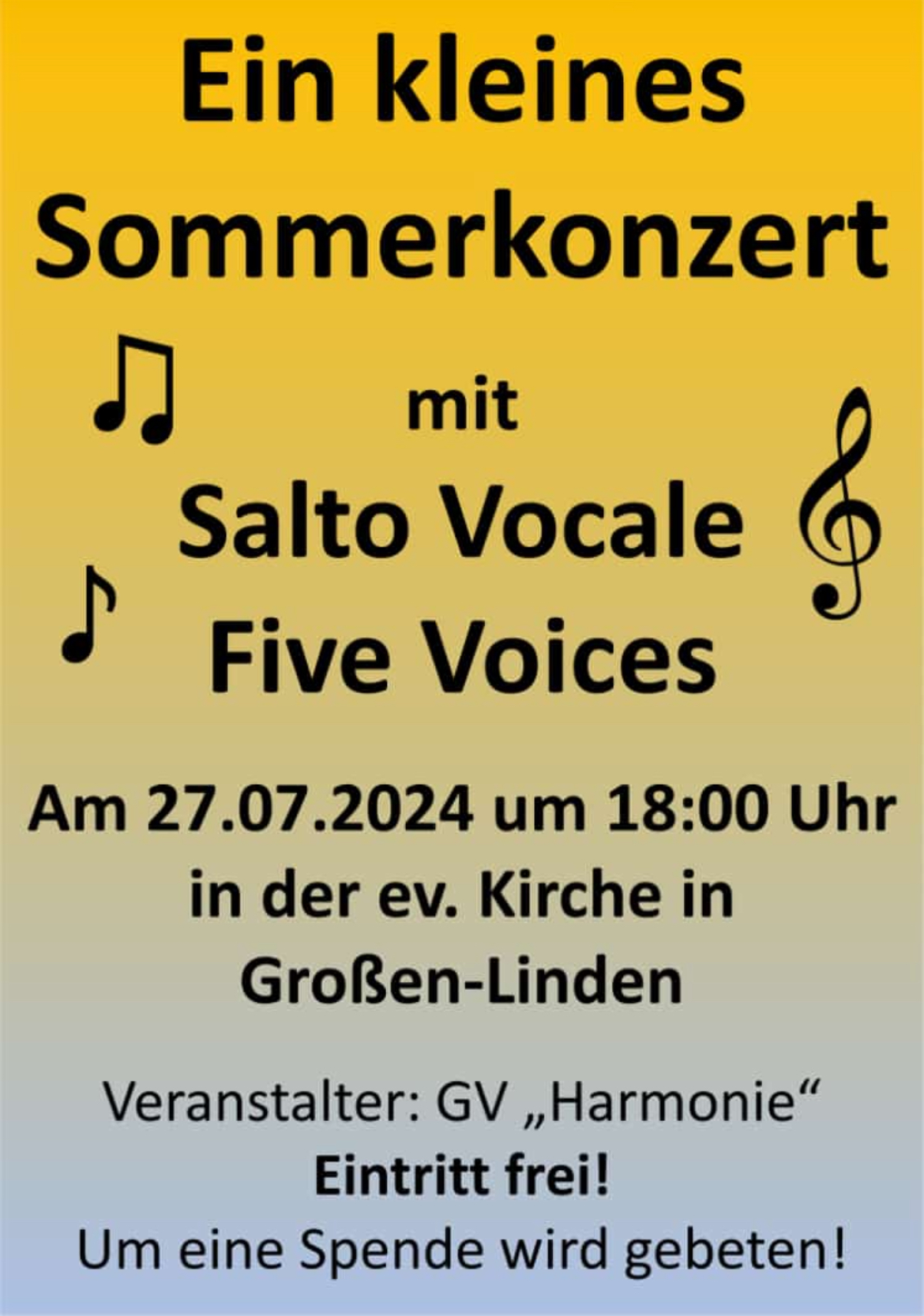 Plakat für das kleine Sommerkonzert mit Salto Vocale und den Five Voices am 27.07.2024 um 18 Uhr in der evangelischen Kirche in Großen-Linden.
